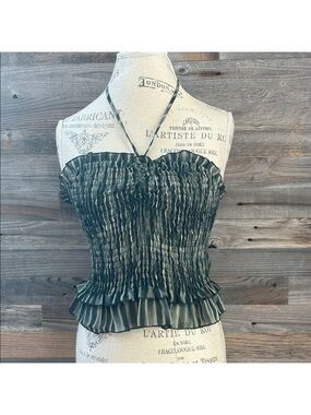 Moon River NWT Green Striped Smocked Ruffle Halter Top